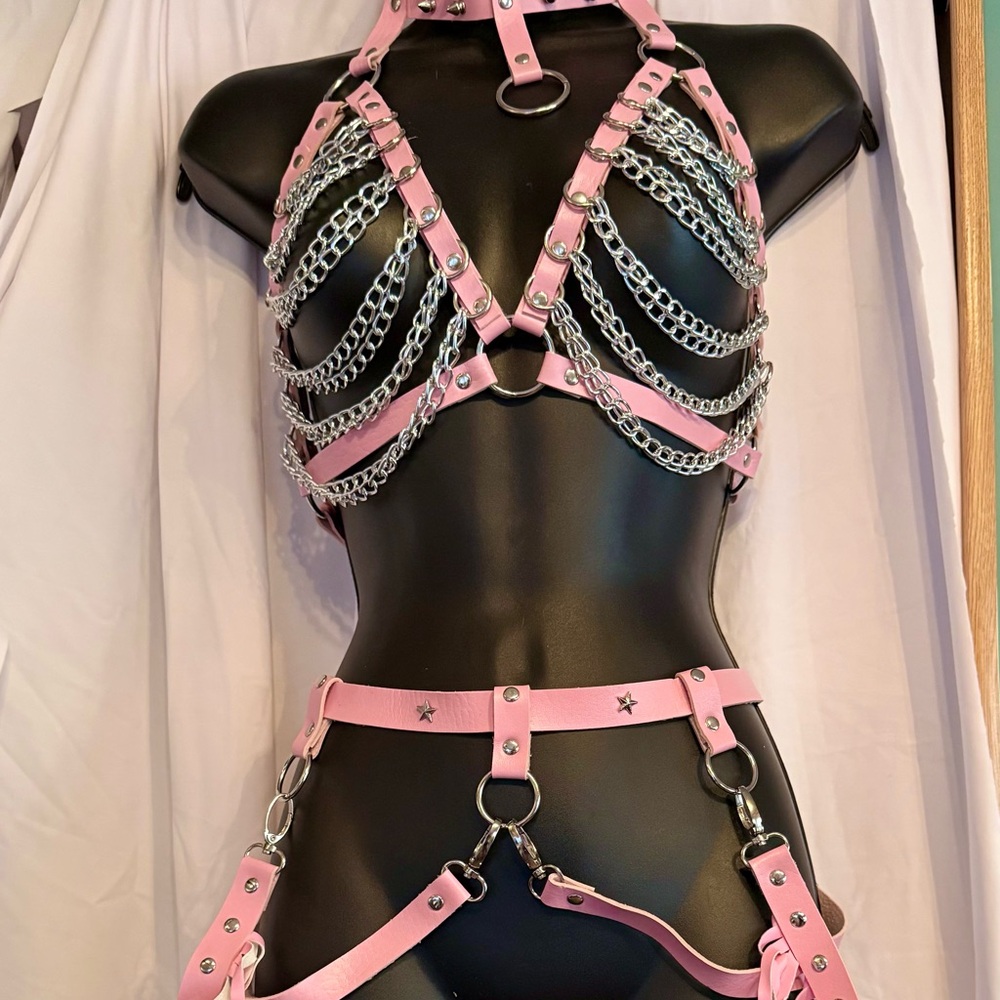 Pink Vegan Leather and Silver Chain Harness Set